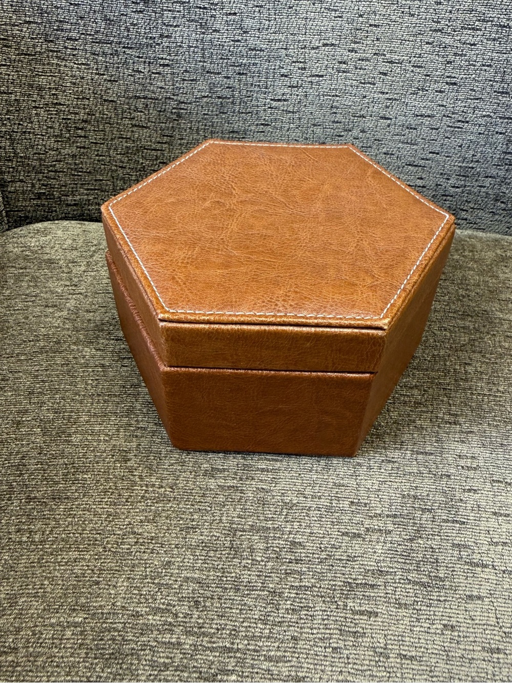 Vintage Hexagon Brown Leather & Beige Velvet Jewelry Trinket Box.